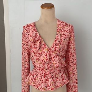Finders/Salmon floral low v cross over long sleeve top. M